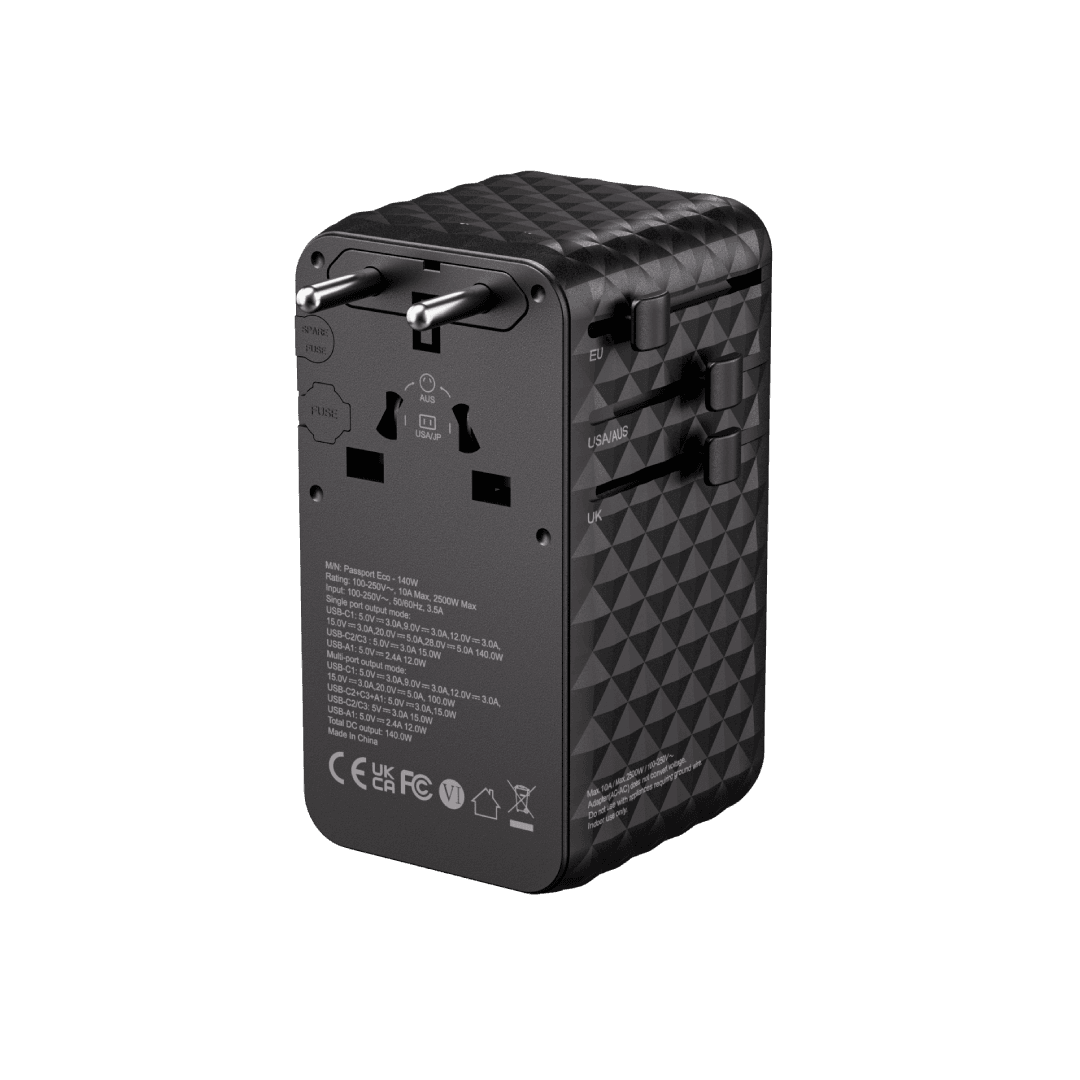BLUPEBBLE PASSPORT 7 WORLD TRAVEL ADAPTER WITH GAN TECH 140W+2 USB-C+1 USB-A W CABLE BP-TVL007-BK thumbnail 3
