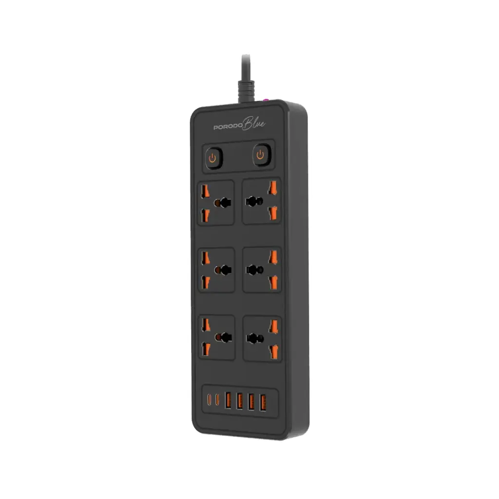 PORODO BLUE 6 AC 3000W DUAL SWITCH POWER STRIP UNIVERSAL SOCKET 3M BLACK PB-FWCH033-BK