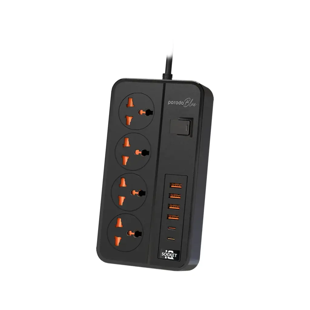 PORODO BLUE 4 AC 3000W POWER STRIP UNIVERSAL SOCKET 3M BLACK PB-FWCH034-BK