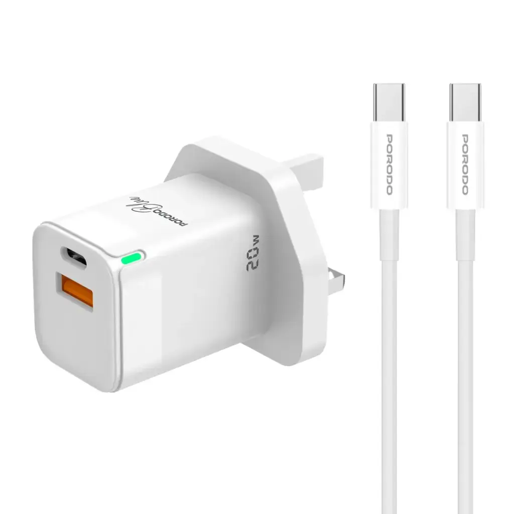 PORODO BLUE USB A AND USB C 20W ULTRA QUICK CHARGER WITH TYPE C CABLE WHITE PB-FWCH036-WH-C