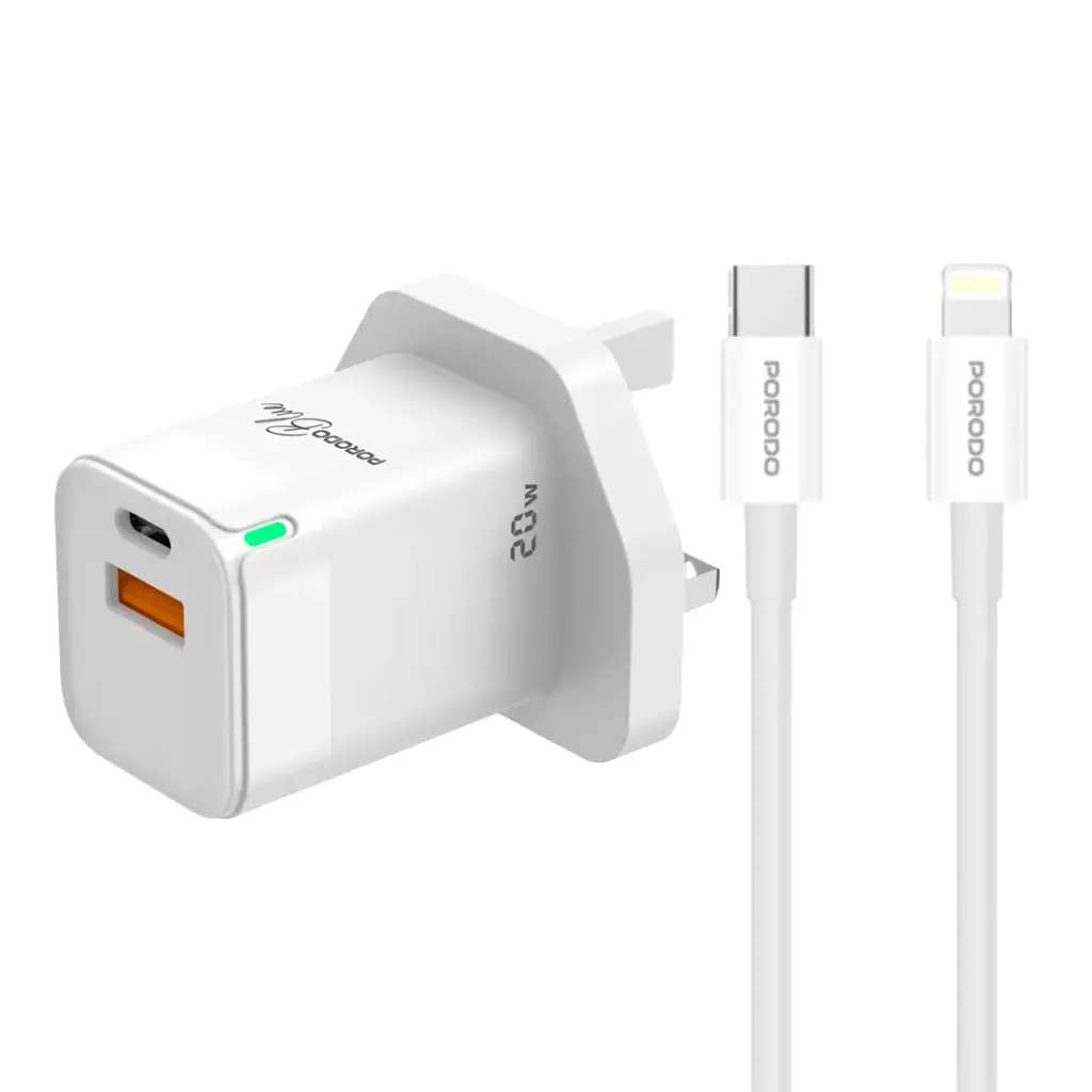 PORODO BLUE USB A AND USB C 20W ULTRA QUICK CHARGER WITH LIGHTNING CABLE WHITE PB-FWCH036-WH-L