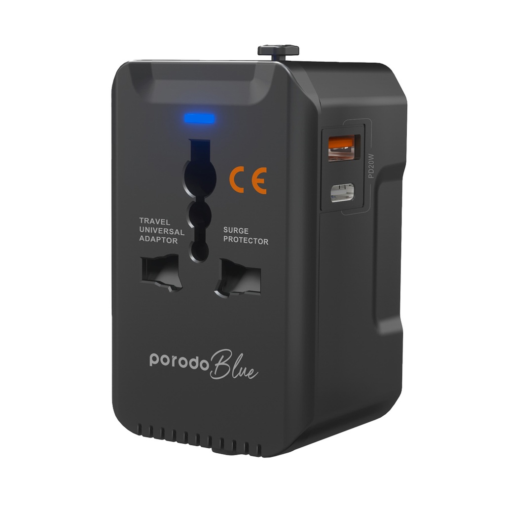 PORODO BLUE DUAL PORT UNIVERSAL CHARGER TRAVEL ADAPTER PD 20W BLACK PB-PD20UTA-BK