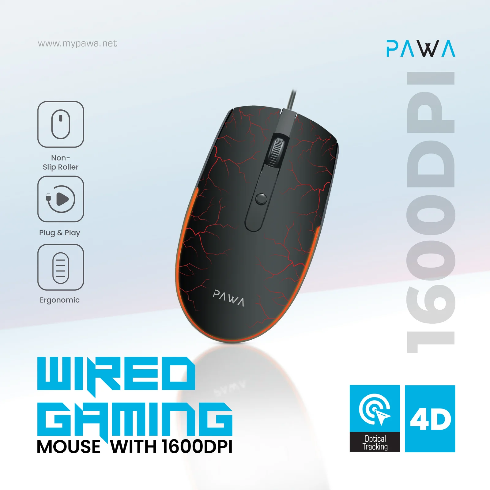 PAWA WIRED GAMING MOUSE WITH 1600DPI BLACK PW-MWGMRGB7-BK thumbnail 3