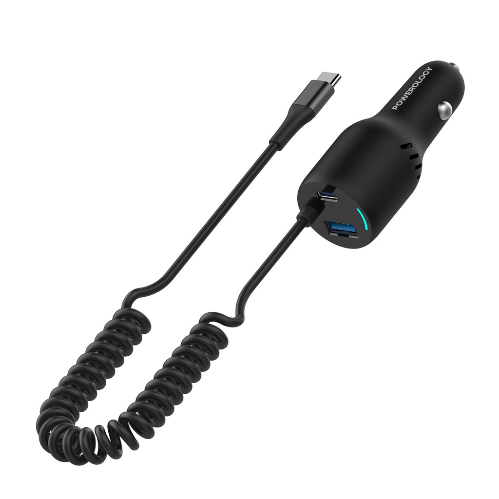 POWEROLOGY TRIPLE PORT 98W CAR CHARGER PD 45W WITH COILED CABLE BLACK PCCSR015