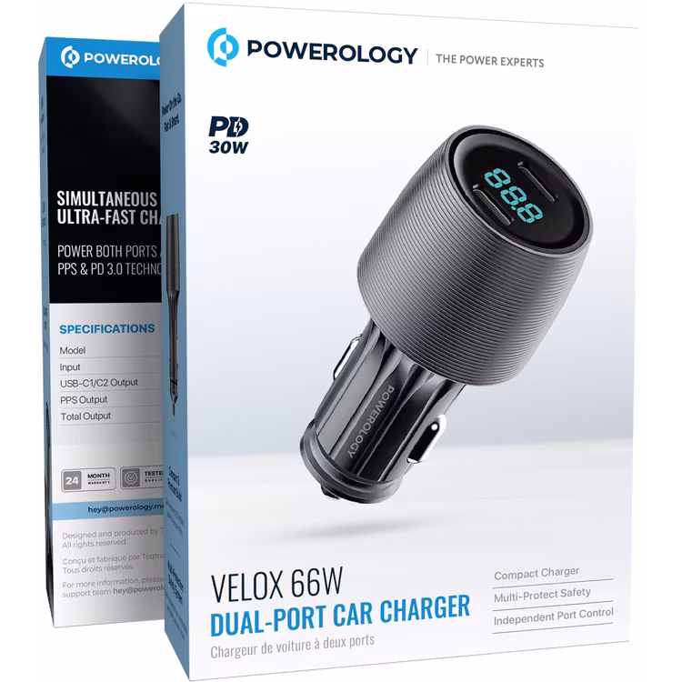 POWEROLOGY VELOX 66W DUAL PORT CAR CHARGER BLACK PCCSR021BK thumbnail 7