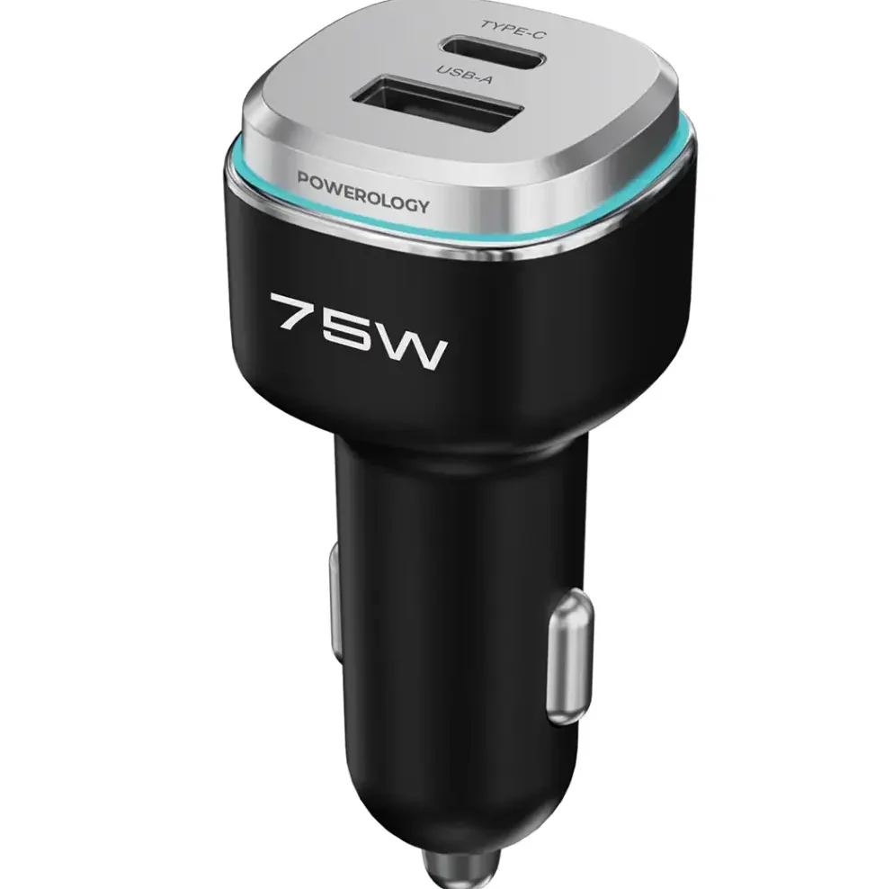 POWEROLOGY 75W DUAL PORT HIGH POWER CAR CHARGER BLACK/SILVER PCCSR024BKSL