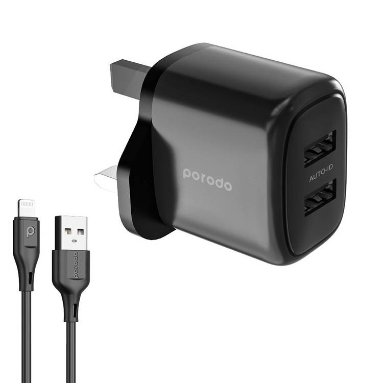 PORODO DUAL OUTPUT 2.4A USB TO LIGHTNING WITH ID TECHNOLOGY CHARGER BLACK PD-12WDAUKL-BK