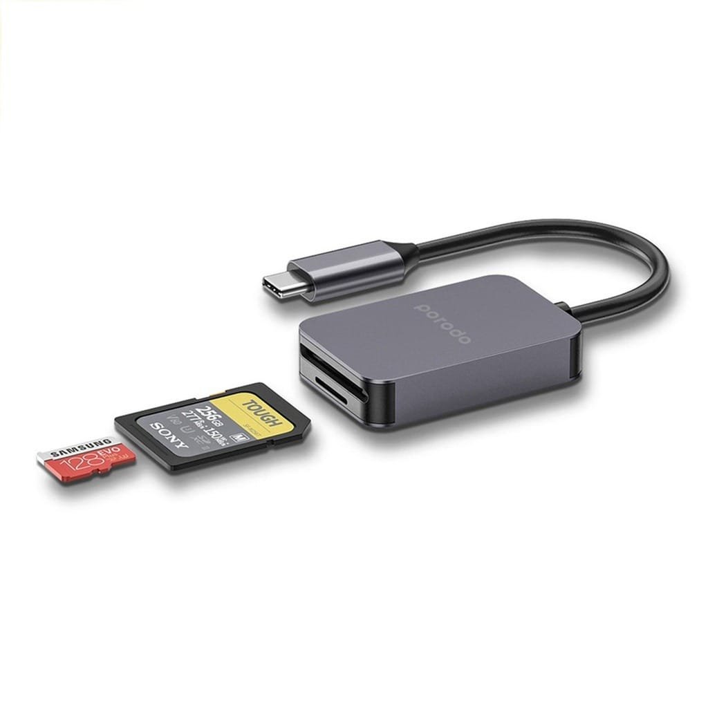 PORODO 2 IN 1 USB C CARD READER GRAY PD-21CDR-GY