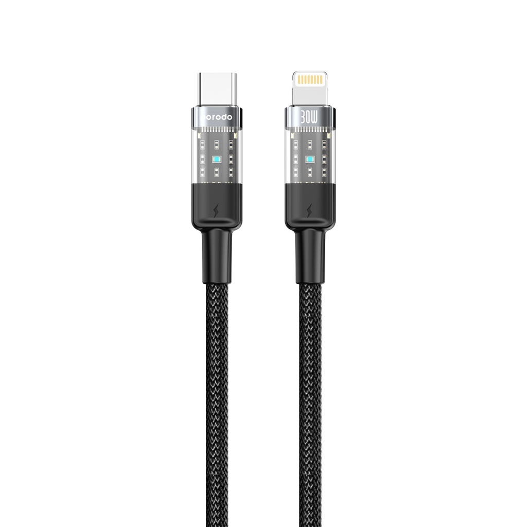 PORODO BRAIDED TRANSPARENT USB C TO LIGHTNING CABLE 1.2M BLACK PD-30WCLTH-BK