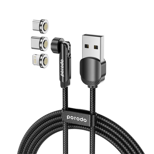 PORODO 3 IN 1 ROTATING CONNECTOR BRAIDED MAGNETIC LIGHTNING TYPE C MICRO USB CABLE 1M CABLE BLACK PD-3IMGC-BK