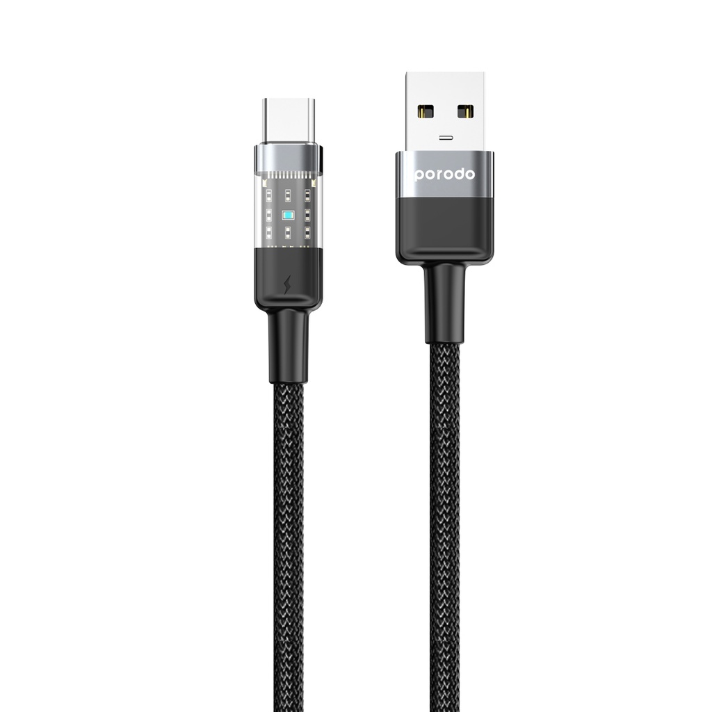PORODO USB A TO USB C BRAIDED CABLE TRANSPARENT 1.2M 60PD FAST CHARGE &  DATA CABLE BLACK PD-3AACTH-BK