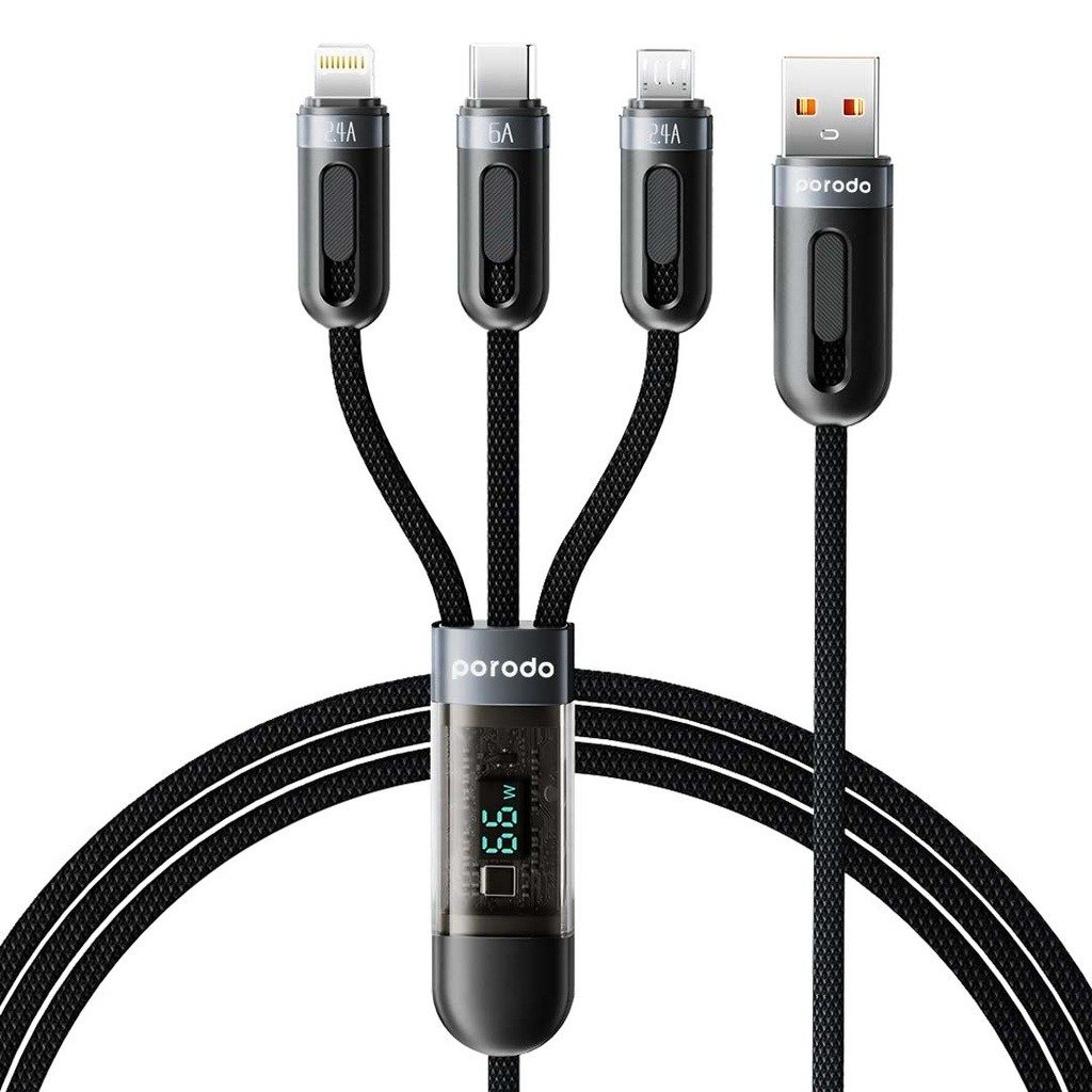 Porodo Multi-Connector USB-A Fast Charging Display Lightning/Type-C/Micro Cable 1.2M Black PD-3N1A2CLM-BK