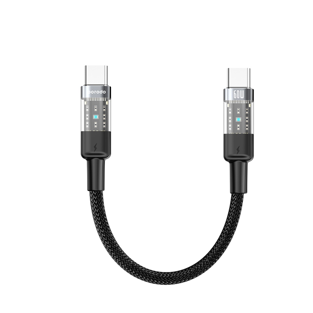 PORODO USB C TO USB C BRAIDED CABLE TRANSPARENT 35CM 60PD FAST CHARGE &  DATA CABLE BLACK PD-60WCCTH-BK