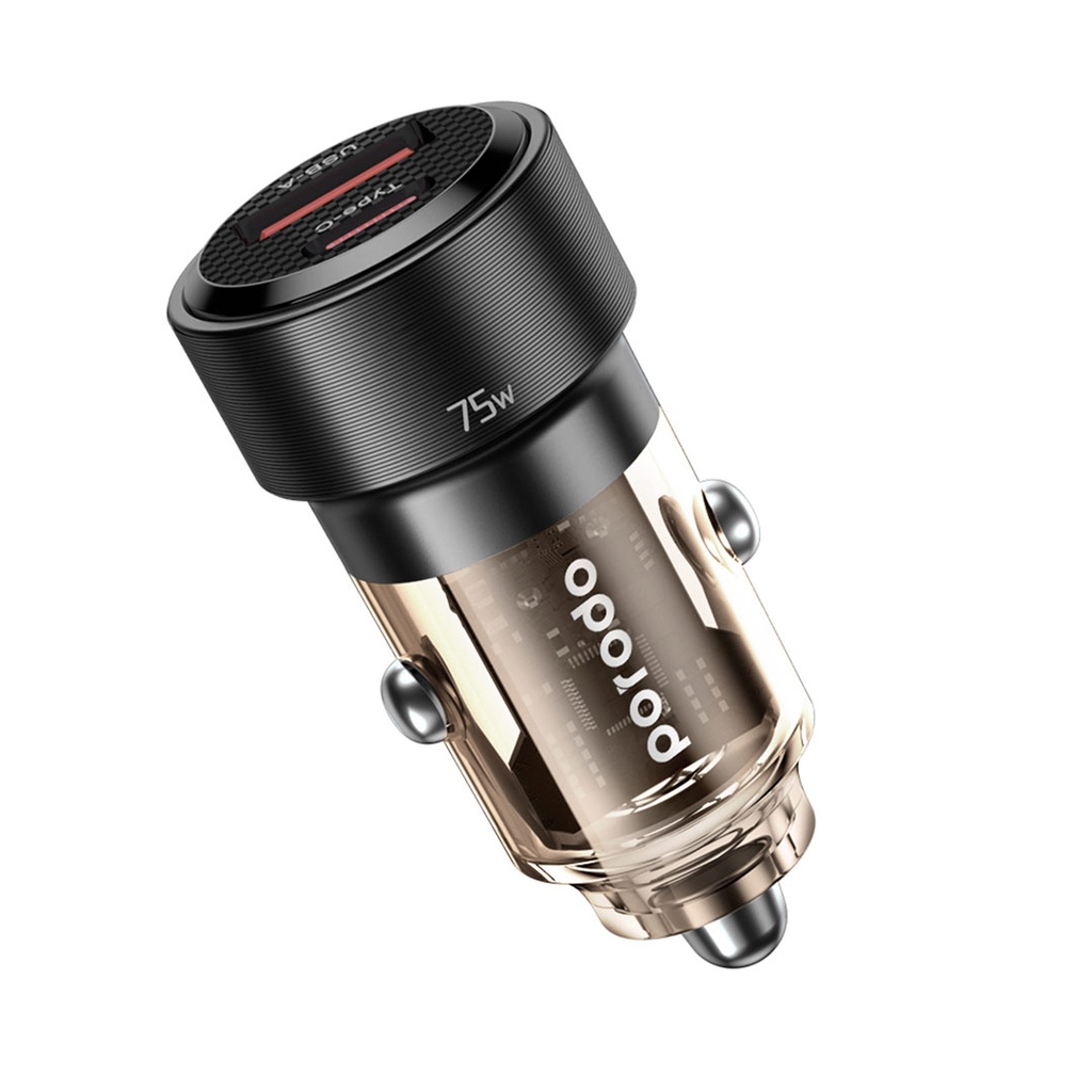 PORODO 75W DUAL PORT TRANSPARENT ALUMINIUM CAR CHARGER BLACK PD-75TDCC-BK