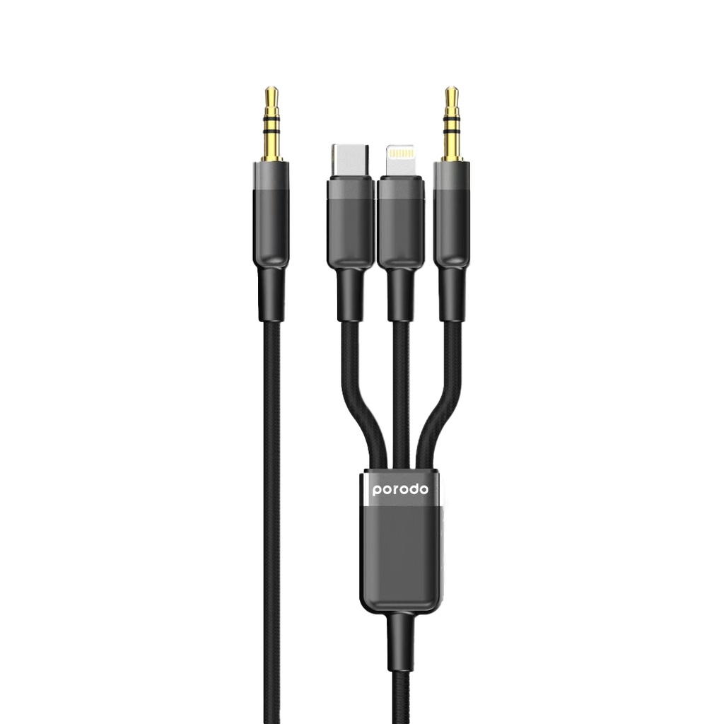 PORODO MULTI DEVICE AUX 3.5MM TYPE C LIGHTNING CABLE 1.2M BLACK PD-AUX3N1-BK
