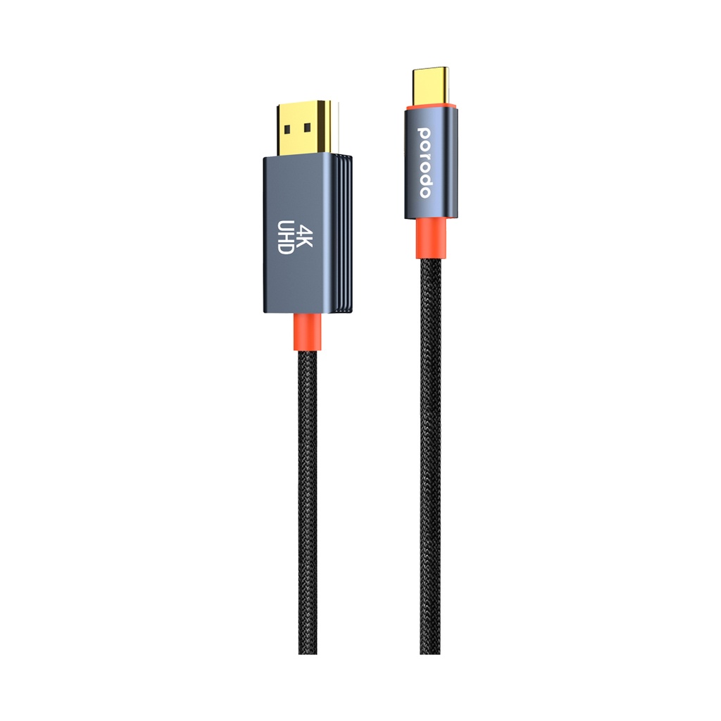 PORODO WOVEN BRAIDED TYPE C HDMI CABLE BLACK ORANGE 2M PD-CBL0016-BK