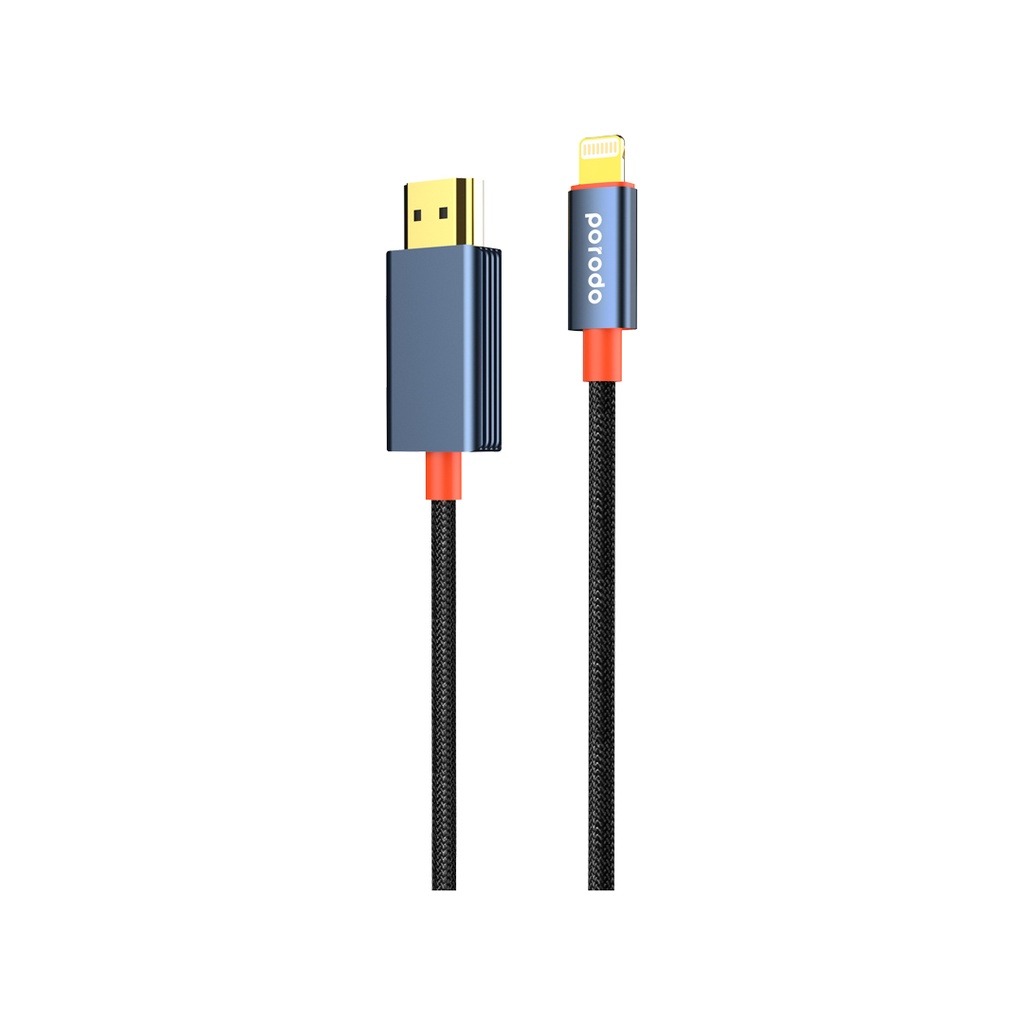 PORODO WOVEN BRAIDED LIGHTNING HDMI CABLE BLACK ORANGE 2M PD-CBL0017-BK