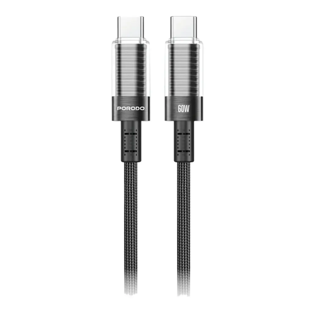 PORODO TRANSPARENT SHELL USB C TO USB C CABLE 1.2M PD60W BLACK PD-CBL0026-BK-C