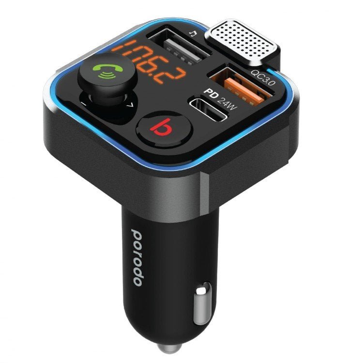 PORODO SMART CAR CHARGER FM TRANSMITTER 24W BLACK PD-FM42WBB-BK