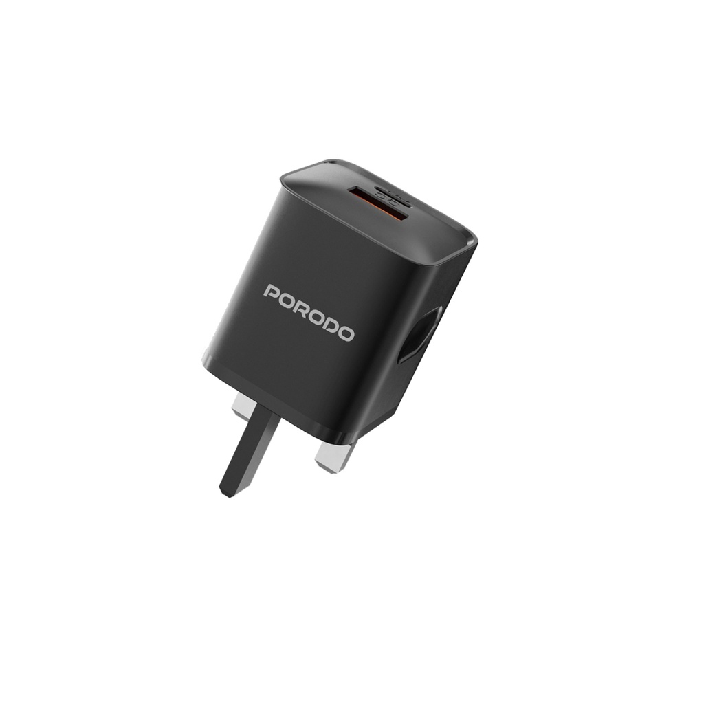 PORODO DUAL PORT WALL CHARGER PD20W QC20W USB C AND USB A OUTPUT BLACK PD-FWCH022-BK