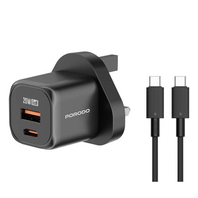 PORODO DUAL PORT WALL CHARGER WITH 1.2M USB C TO USB C CABLE BLACK PD-FWCH028-BK-C