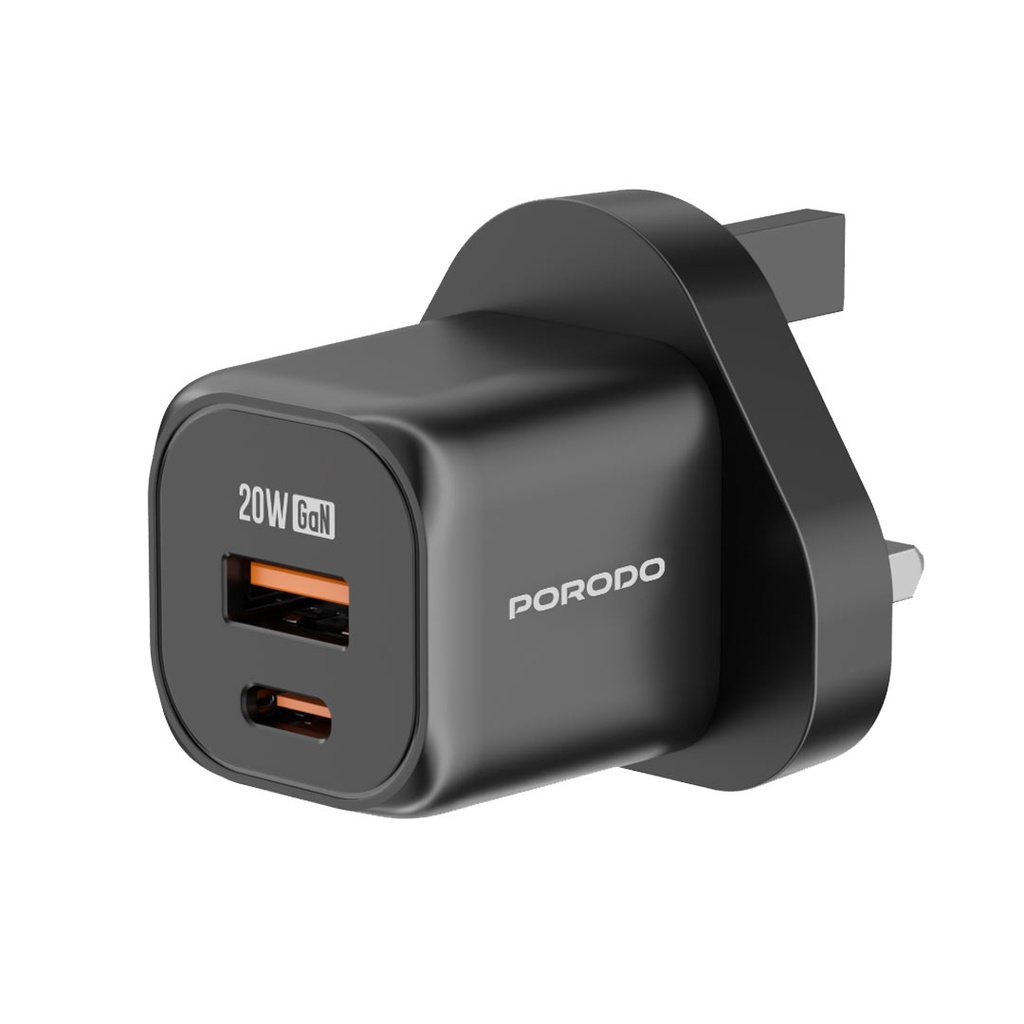 PORODO DUAL PORT WALL CHARGER BLACK PD-FWCH028-BK