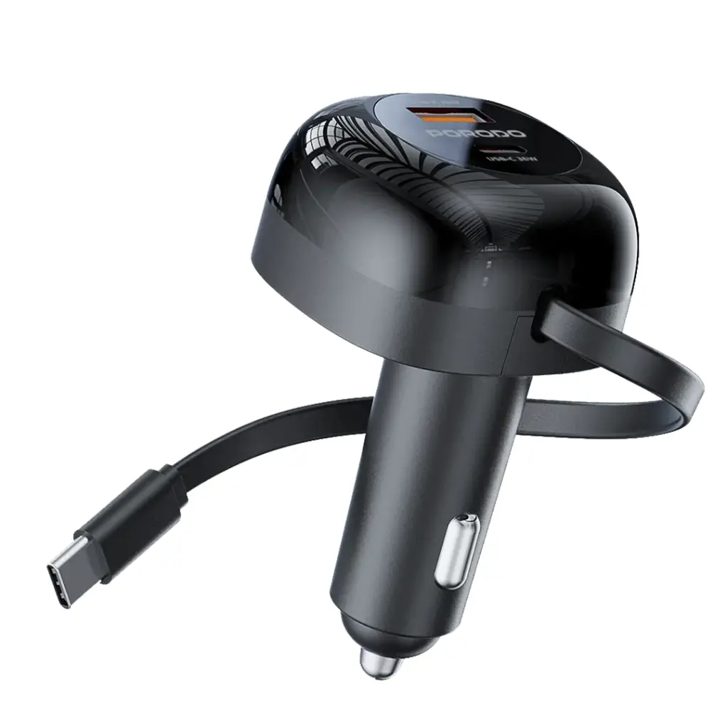 PORODO 36W DUAL PORT CAR CHARGER WITH 80CM RETRACTABLE TYPE C CABLES BLACK PD-FWCH030-BK