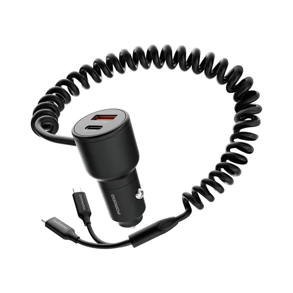 PORODO DUAL PORT CAR CHARGER INTEGRATED C CABLE PD30W BLACK PD-FWCH033-BK
