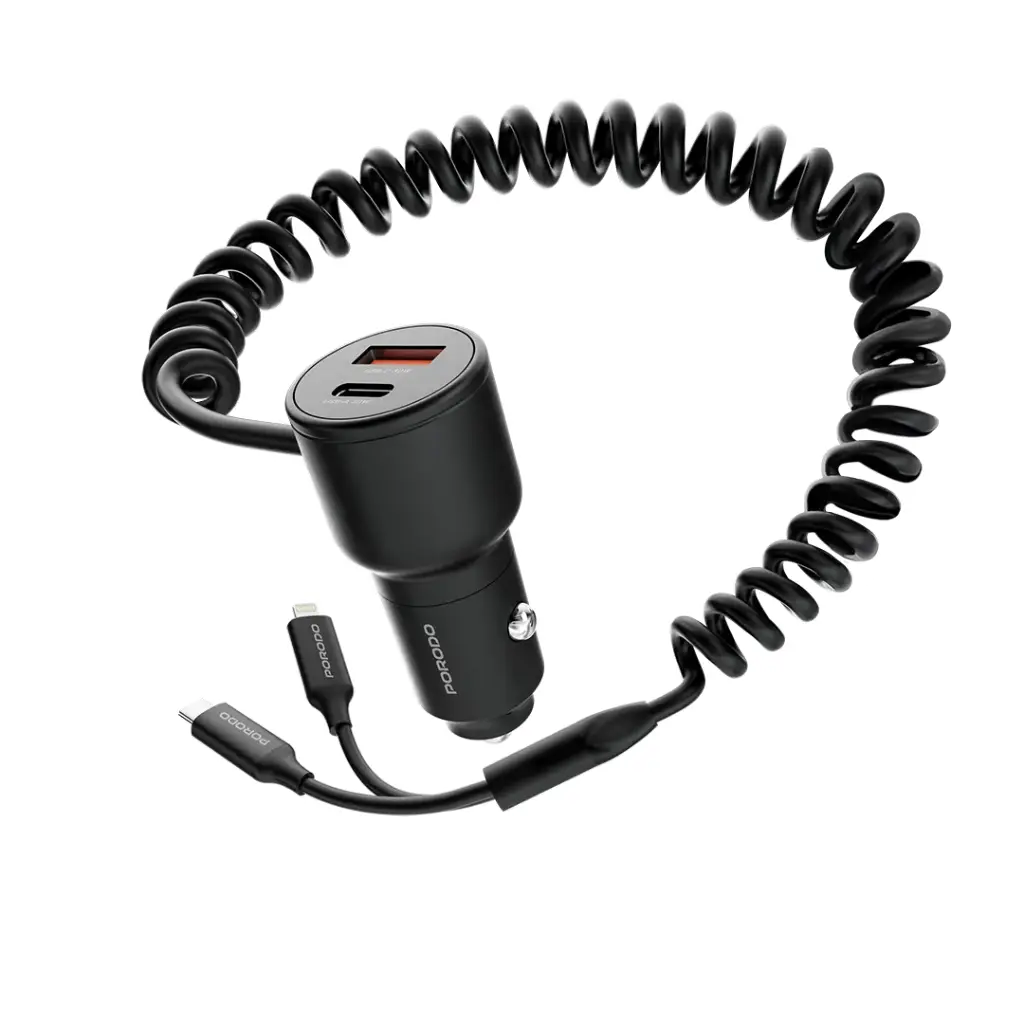 PORODO DUAL PORT CAR CHARGER INTEGRATED C AND LIGHTNING CABLE PD30W BLACK PD-FWCH034-BK