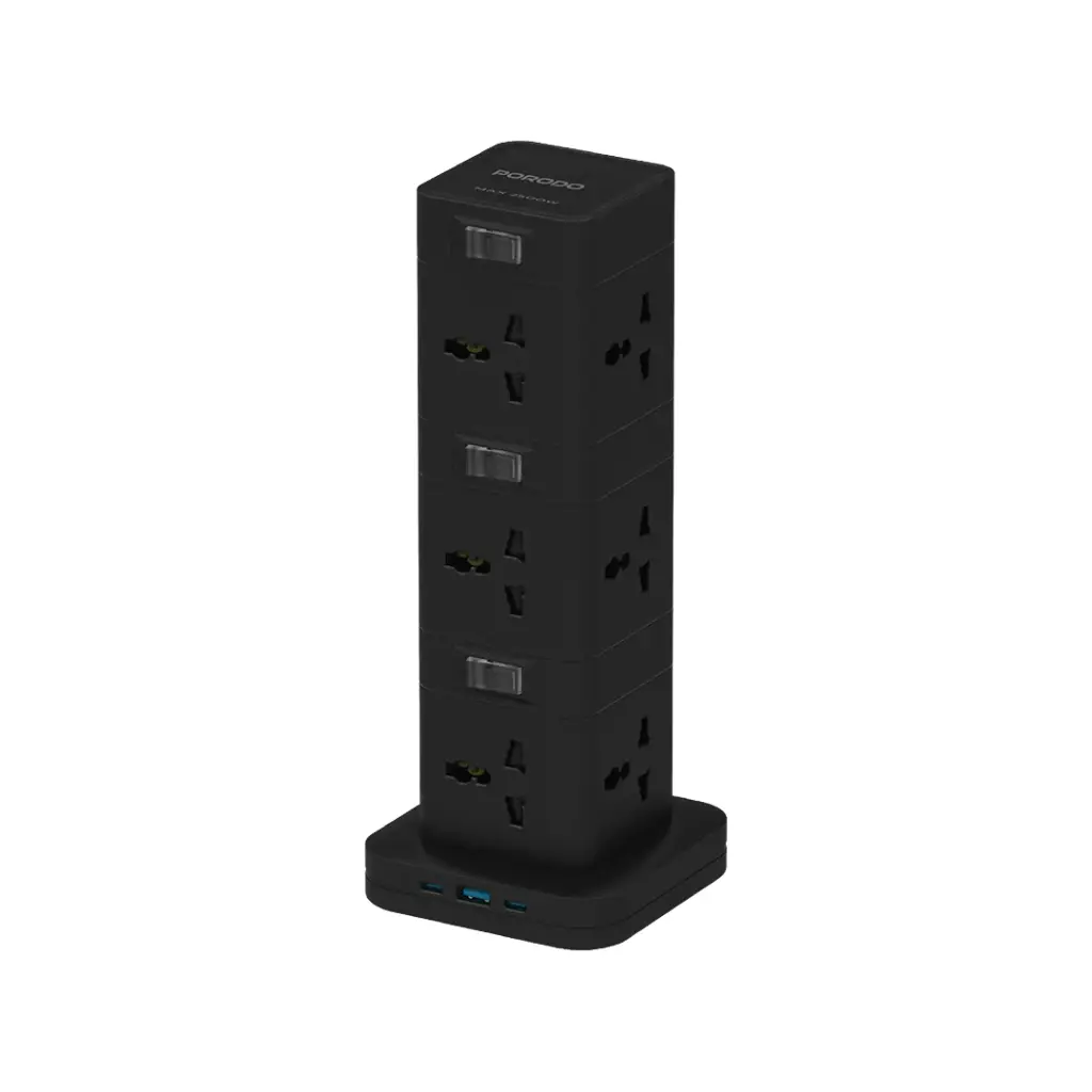 PORODO THREE STORY 12 AC POWER HUB USB C PD AND QUICK CHARE 3.0 PD20W BLACK PD-FWCH042-BK