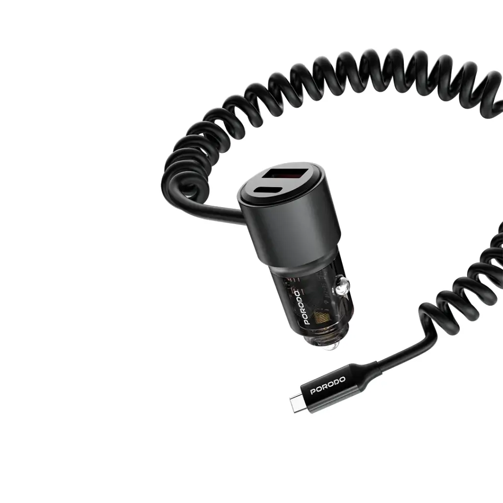 PORODO 110W CAR CHARGER INTEGRATED COILED TYPE C CABLE BLACK PD-FWCH046-BK