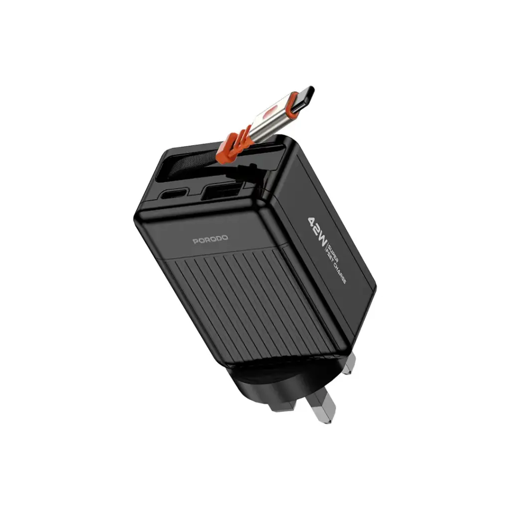 PORODO 75CM RETRACTABLE TYPE C SUPER QUICK GAN CHARGER BLACK PD42W PD-FWCH054-BK
