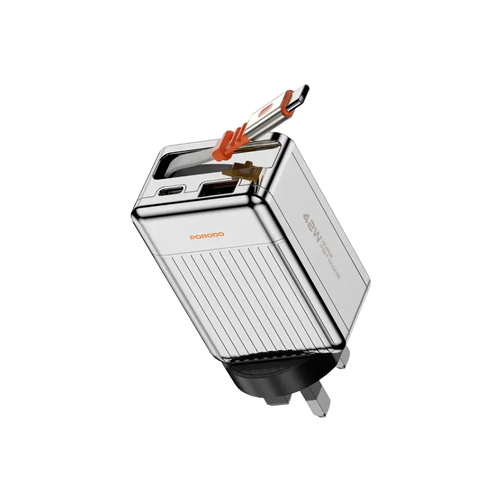 PORODO 75CM RETRACTABLE TYPE C SUPER QUICK GAN CHARGER SILVER PD42W PD-FWCH054-SL
