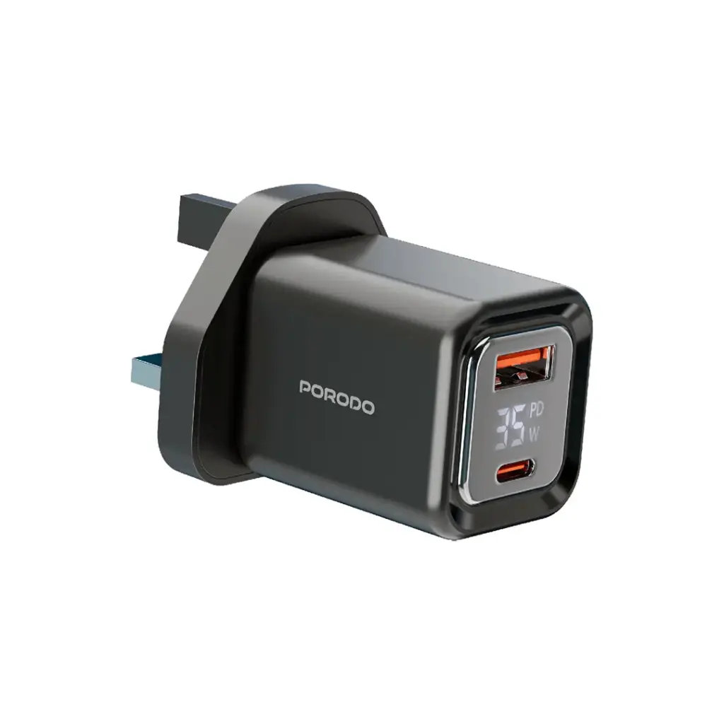 PORODO DUAL PORT DIGITAL DISPLAY QUICK CHARGER PD35W GAN BLACK PD-FWCH058-BK