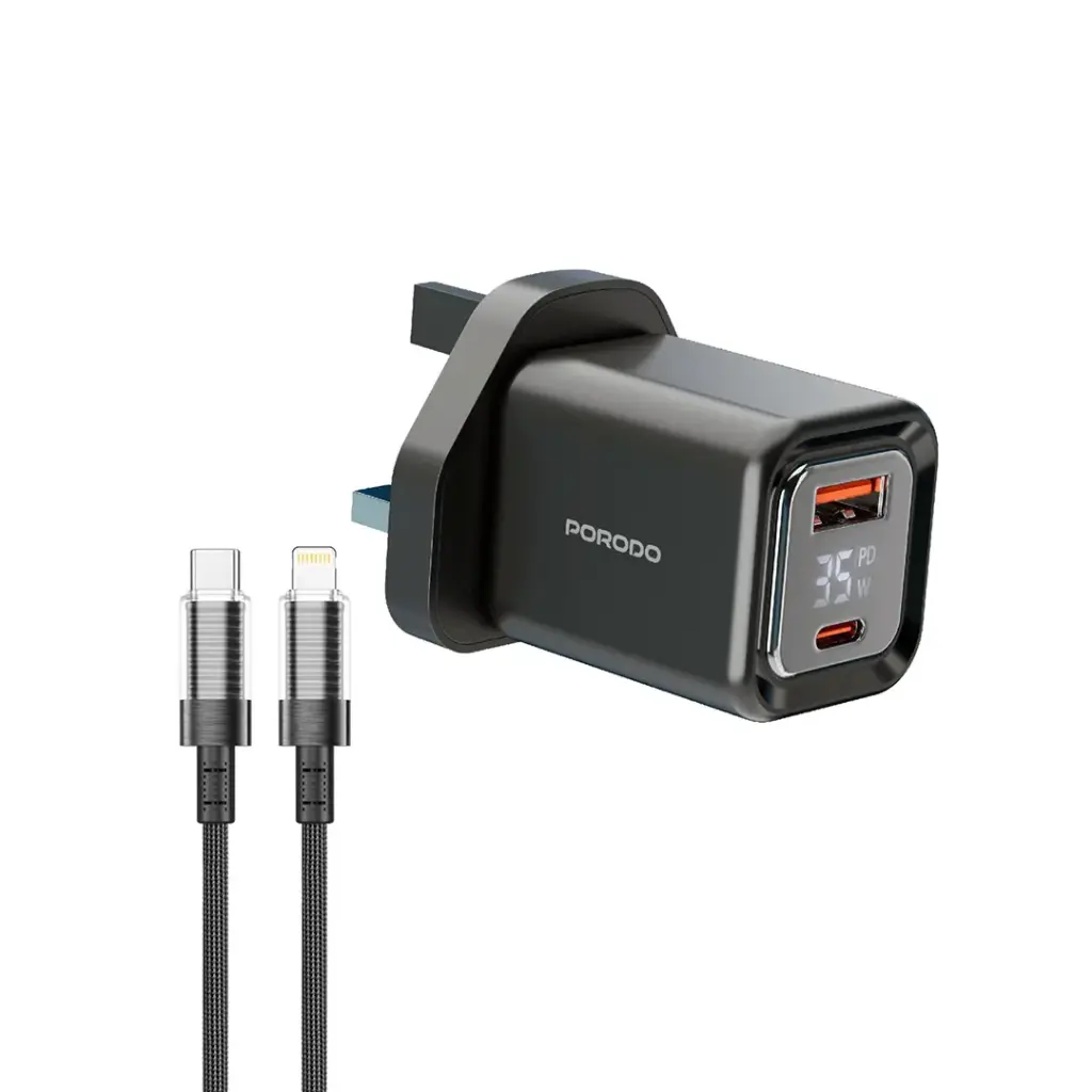 PORODO DUAL PORT DIGITAL DISPLAY QUICK CHARGER PD35W GAN WITH C TO LIGHTNING CABLE BLACK PD-FWCH058-L-BK