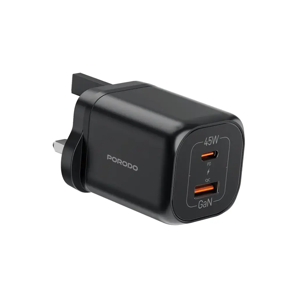 PORODO DUAL PORT PD45W GAN QUICK CHARGER BLACK PD-FWCH059-BK