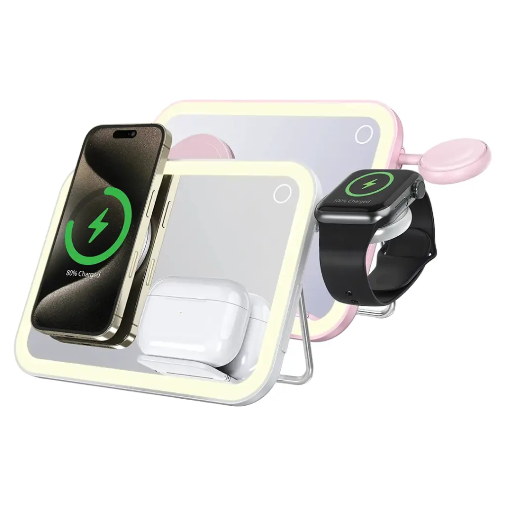 PORODO MULTI DEVICE WIRELESS CHARGING MIRROR WITH LIGHT PINK PD-LFST108-PK