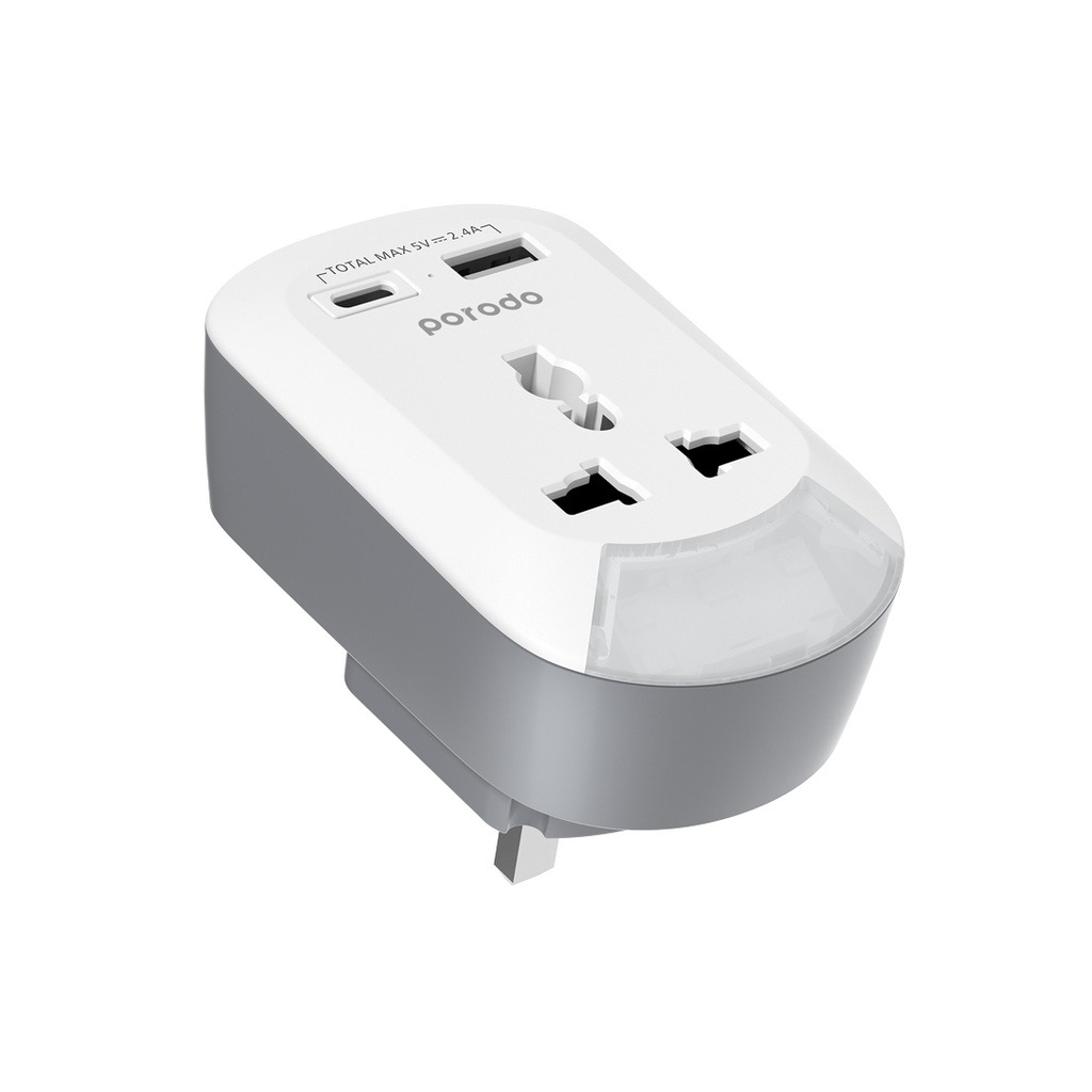 PORODO UNIVERSAL AC SOCKET UK PLUG ADAPTER NIGHLIGHT USB A / USB C WHITE PD-MSACUK-WH