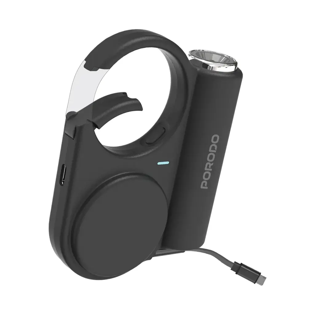 PORODO 5000MAH OUTDOOR POWERBANK WITH 70CM RETRACTABLE TYPE C CABLE BLACK PD-PBFCH073-BK