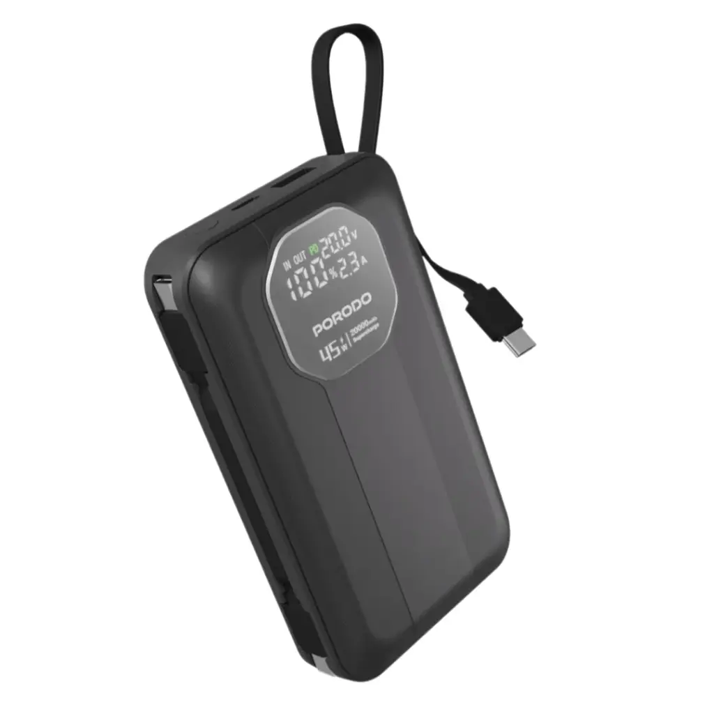 PORODO POWER BANK 20000MAH DUAL CABLE IN BUILT DETACHABLE TYPE C BLACK PD-PBFCH081-BK
