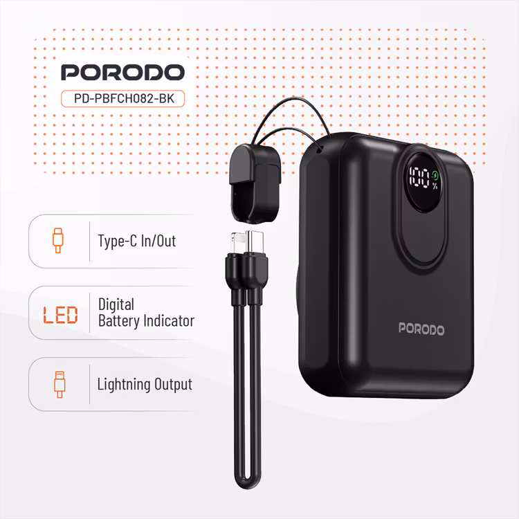 PORODO POWER BANK 10000MAH MAGSAFE DETACHABLE LIGHTNING CABLE PD 22.5W 15W BLACK PD-PBFCH082-BK thumbnail 9