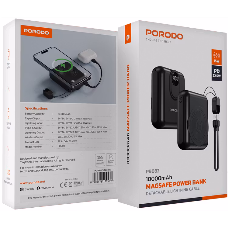 PORODO POWER BANK 10000MAH MAGSAFE DETACHABLE LIGHTNING CABLE PD 22.5W 15W BLACK PD-PBFCH082-BK thumbnail 2