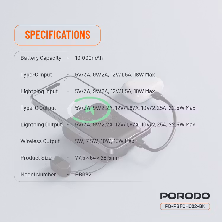 PORODO POWER BANK 10000MAH MAGSAFE DETACHABLE LIGHTNING CABLE PD 22.5W 15W BLACK PD-PBFCH082-BK thumbnail 5