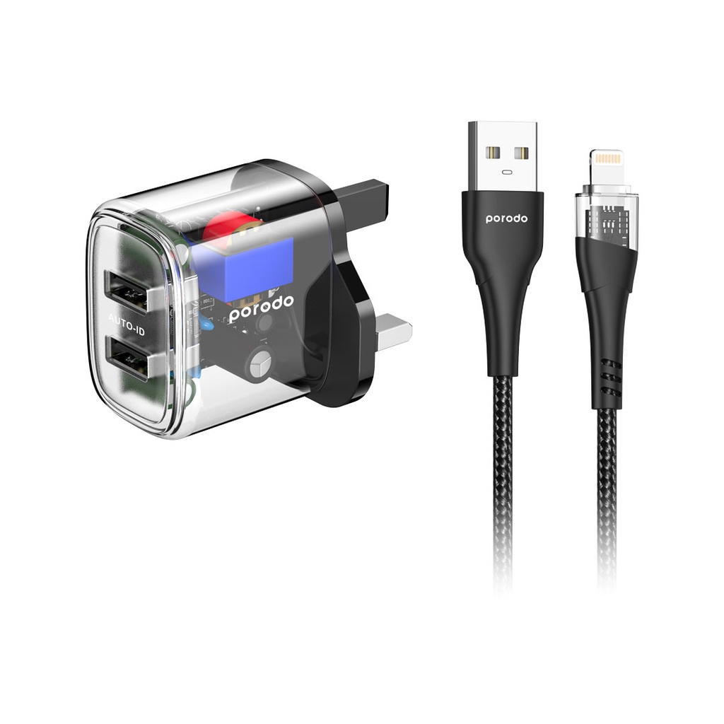 PORODO DUAL OUTPUT TRANSPARENT 2.4A AUTO ID TECHNOLOGY WITH  USB A TO LIGHTNING CABLE 1.2M CHARGER BLACK PD-T12WDAUKL-BK