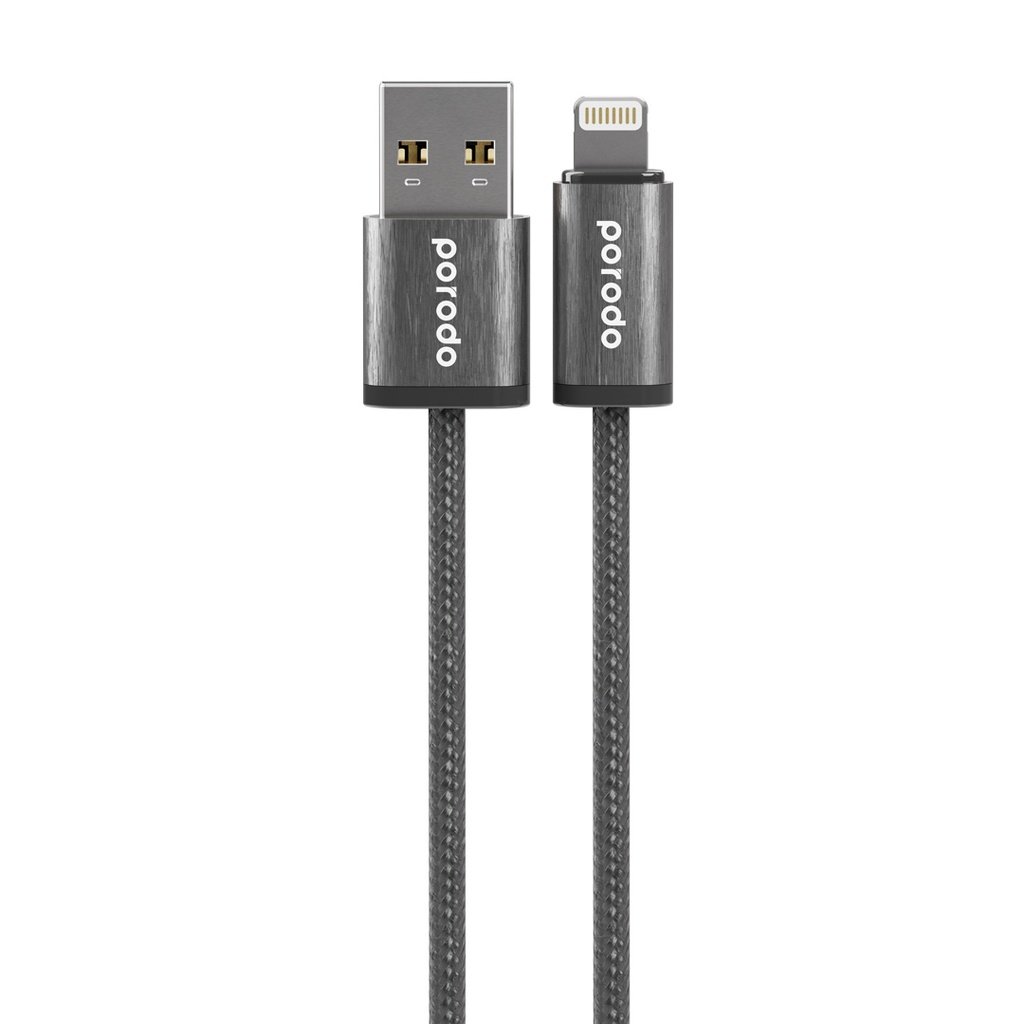 PORODO WOVEN BRAIDED USB A LIGHTNING CABLE DATA & FAST CHARGE ALUMINUM SHELL 4FT 1.2M BLACK PD-W24AC2L-BK