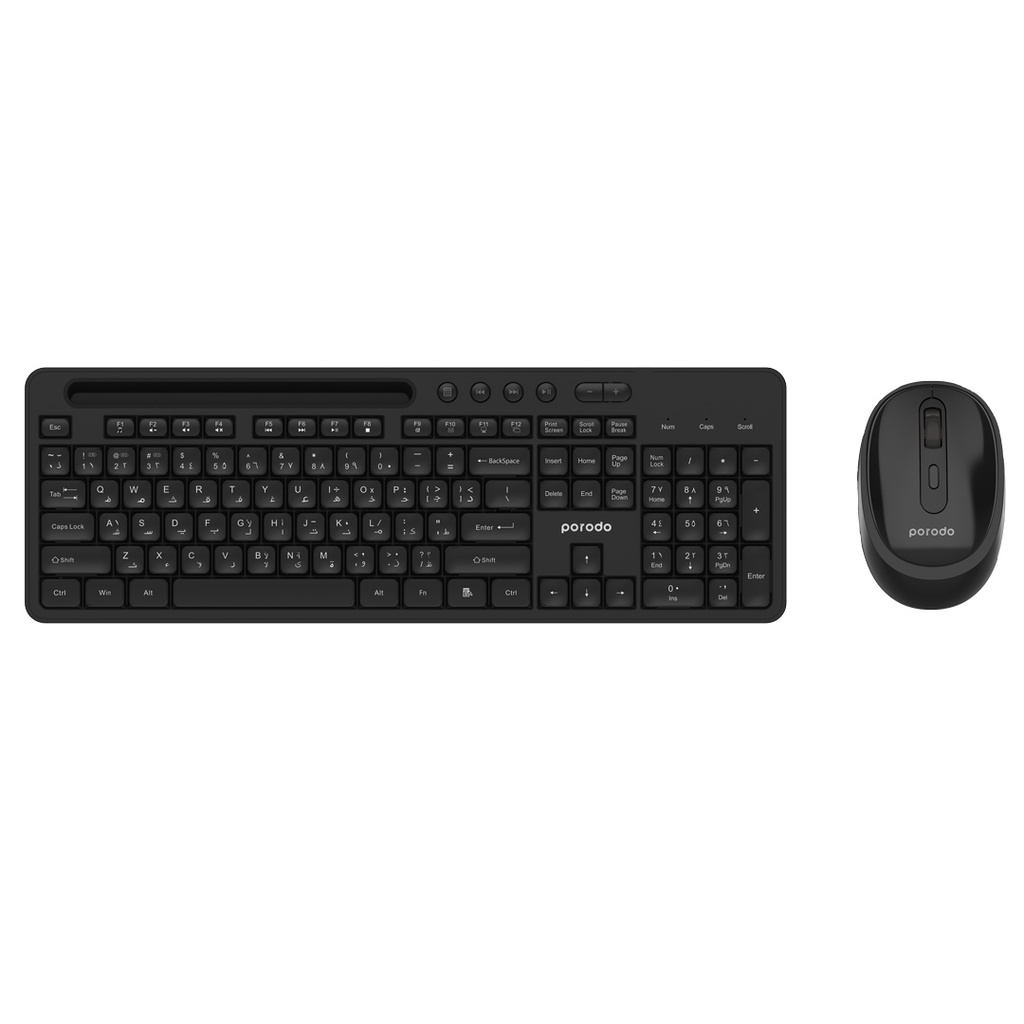 PORODO DUAL MODE WIRELESS KEYBOARD MOUSE SET WITH MOBILE PHONE STAND BLACK  PD-W24KBPTM-BK