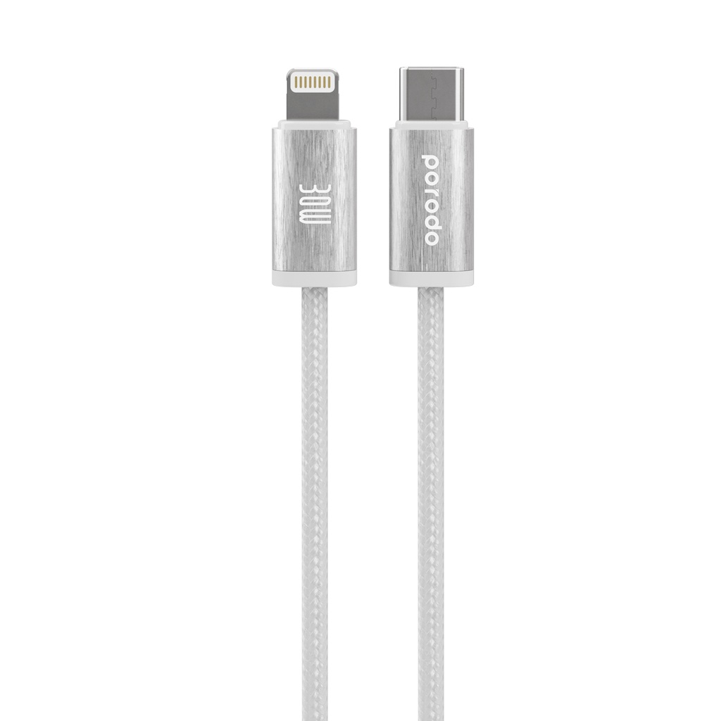 PORODO WOVEN BRAIDED USB C TO LIGHTNING CABLE DATA & FAST CHARGE ALUMINUM SHELL 1.2M WHITE PD-W30LC1-WH