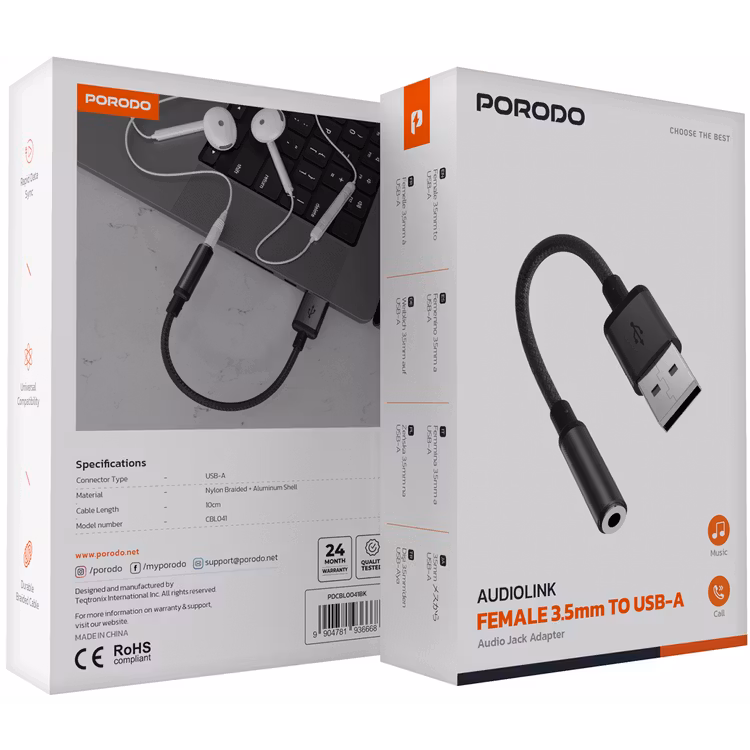 PORODO AUDIOLINK FEMALE 3.5MM TO USB A AUDIO JACK ADAPTER BLACK PDCBL0041BK thumbnail 4