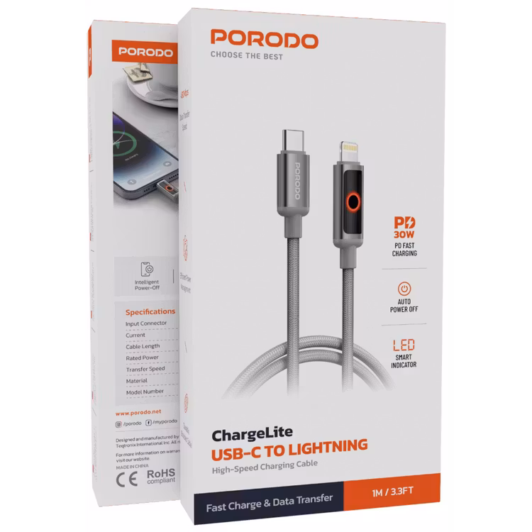 PORODO CHARGE LITE USB-C TO LIGHTNING HIGH-SPEED CHARGING 1M/3.3FT CABLE GRAY PDCBL0046GY thumbnail 3