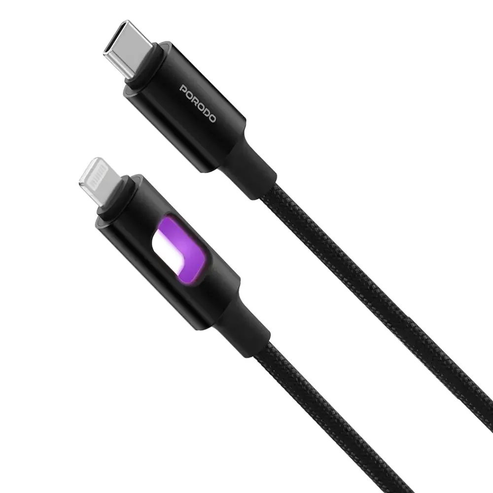 PORODO LED BRAIDED PD 27W USB C TO LIGHTNING CABLE CHARGING & DATA TRANSFER BLACK PDCBLXGH03BK